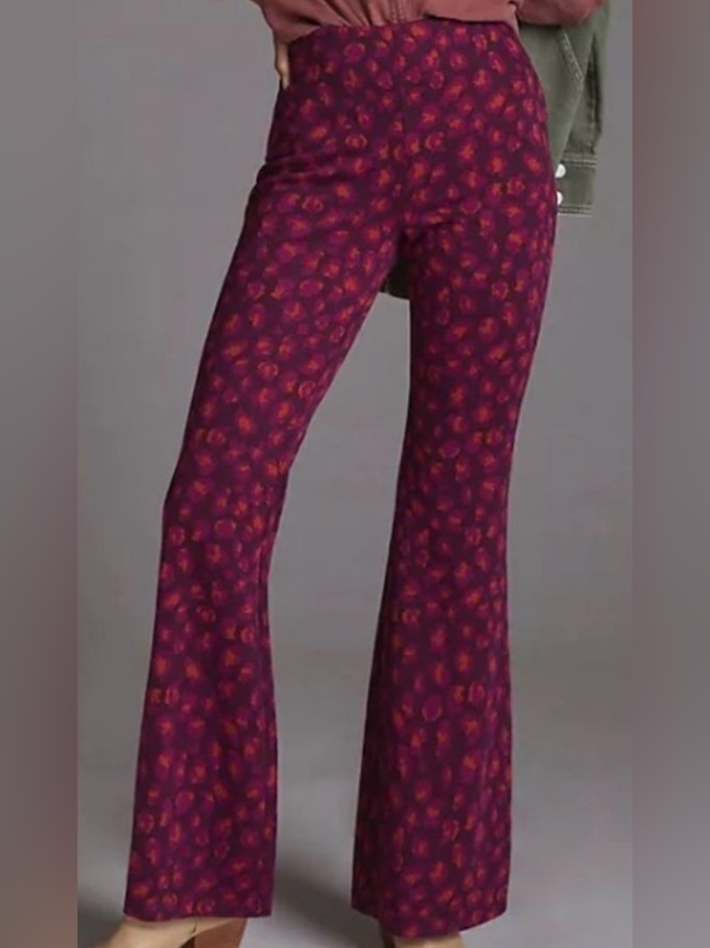 Anthropologie Plum Floral Flare Jeans with Red Accents